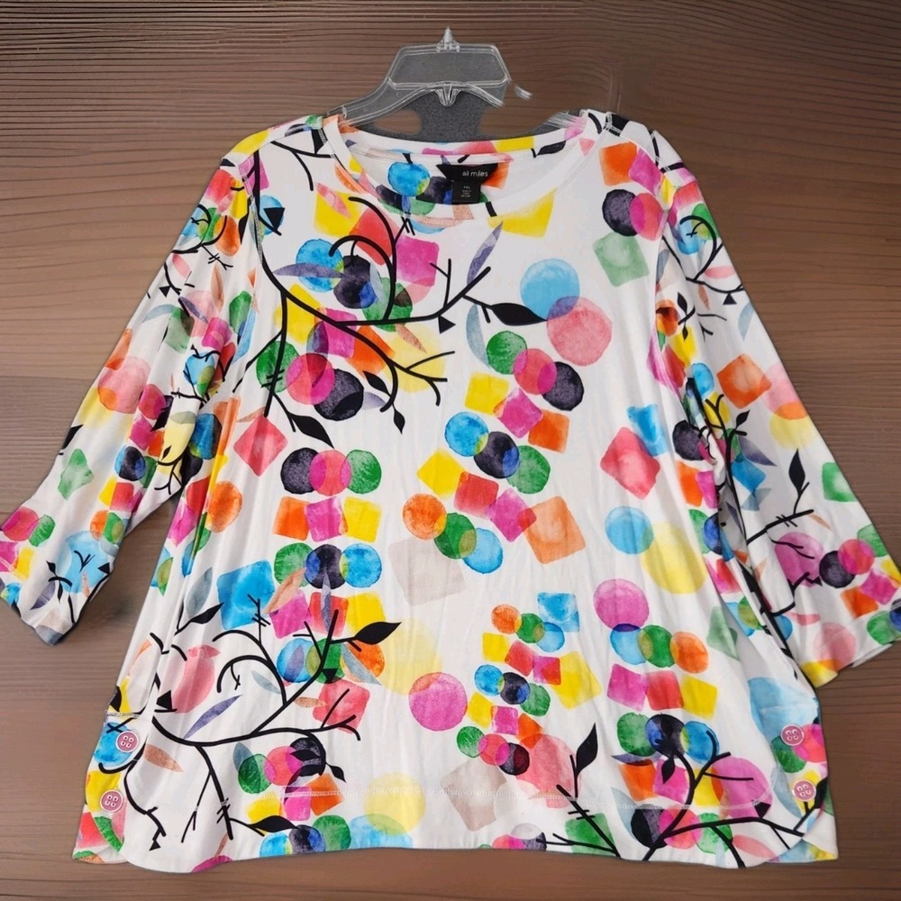 Ali Miles PM Polka Dot Beach Wearable Art‎ Floral Blouse Shirt Top Artsy Resort